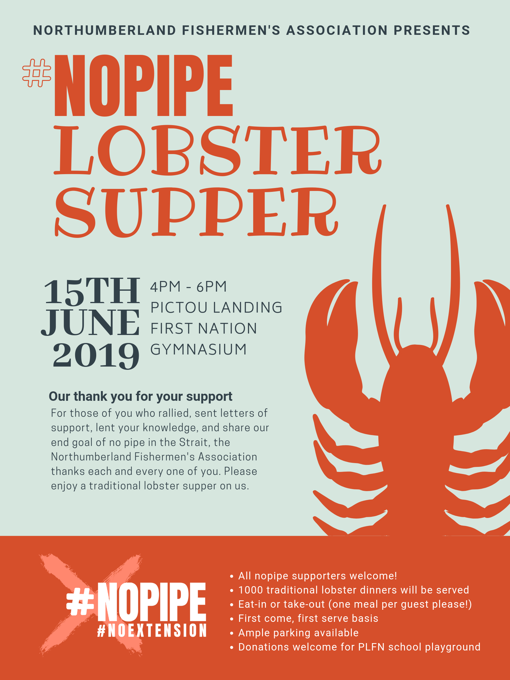 Northumberland Fishing Association Serving 1,000 Free Lobster Suppers to No Pipe Supporters